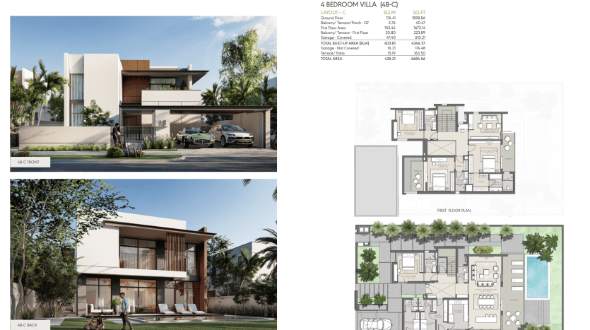 Présentation architecturale d'une villa de quatre chambres (type C3) à Tilal Al Furjan, y compris des vues extérieures de la villa de style moderne et des plans d'étage détaillés pour le rez-de-chaussée et le premier niveau.