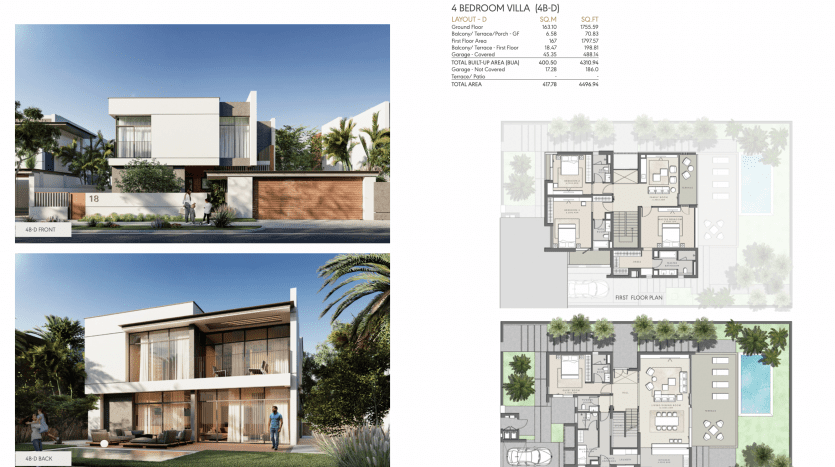 Présentation architecturale d'une villa de quatre chambres (Villa B-01) à Al Furjan avec des vues extérieures sous différents angles et des plans d'étage détaillés pour le rez-de-chaussée et le premier étage.