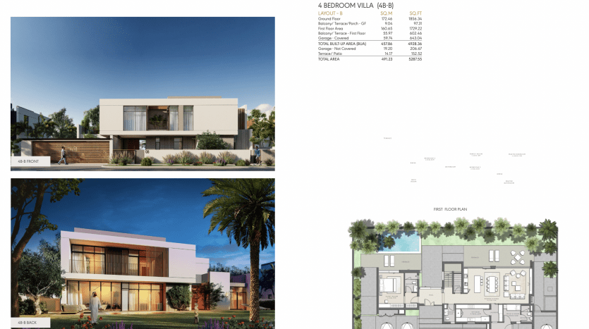 Présentation architecturale d'une villa de 4 chambres à Dubaï, présentant deux vues extérieures de conceptions modernes avec des vitrages abondants, entourées de jardins paysagers, ainsi que des plans d'étage détaillés pour les deux niveaux.