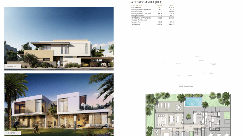 Présentation architecturale d'une villa de quatre chambres à Al Furjan avec des conceptions extérieures et des plans d'étage. Comprend des façades sereines et modernes avec un aménagement paysager détaillé et des vues diverses sur les couches du bâtiment.