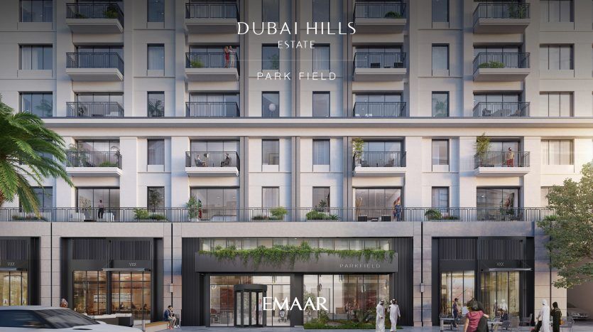 Illustration de la façade moderne de la villa du parc immobilier de Dubai Hills, avec des balcons, des piétons et des devantures de magasins au rez-de-chaussée.