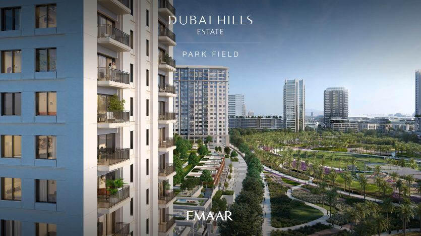 Une image promotionnelle présentant le domaine de Dubai Hills, composé d'immeubles modernes de grande hauteur surplombant des parcs verdoyants et une voie navigable sinueuse, idéal pour investir à Dubaï.
