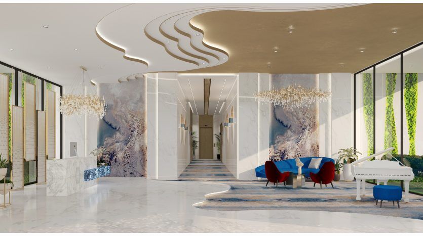 Hall d'entrée luxueux avec sols en marbre blanc, fauteuils bleus saisissants, accents dorés et décorations d'art moderne. Un piano à queue blanc ajoute de l'élégance à l'espace, reflétant l'opulence que l'on retrouve souvent dans
