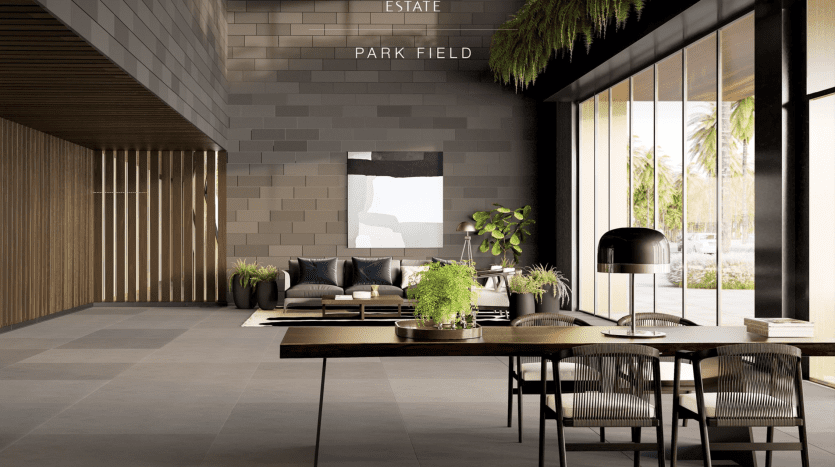 Salon moderne dans un domaine haut de gamme à Dubaï montrant un coin salon élégant avec des meubles élégants, de grandes fenêtres offrant suffisamment de lumière naturelle et des plantes vertes luxuriantes améliorant l'esthétique intérieure.