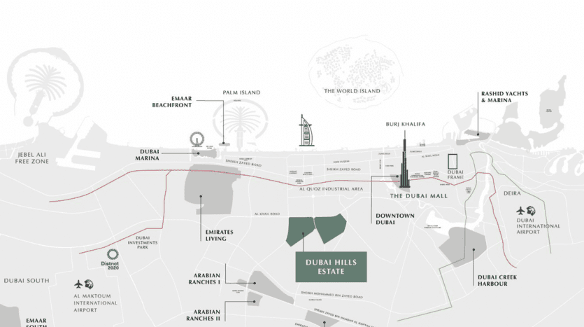 Une carte stylisée de Dubaï mettant en évidence les principaux monuments et quartiers le long d'une route centrale, utilisant des tons gris et rouges doux avec des icônes pour les emplacements clés, y compris les appartements et villas disponibles à l'investissement.
