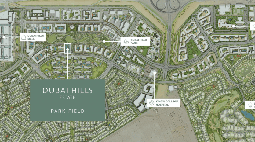Carte aérienne du domaine de Dubaï Hills montrant des dispositions détaillées des zones résidentielles, des parcs, d'un hôpital, d'une école et d'un club de golf, étiquetées avec des pointeurs vers des emplacements spécifiques de l'immobilier de Dubaï.