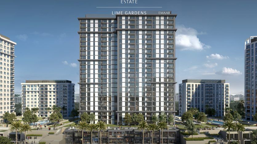Rendu architectural du bâtiment résidentiel « Lime Gardens » à Dubai Hills, comprenant un grand gratte-ciel moderne flanqué de bâtiments plus courts au milieu d'espaces verts paysagers offerts par une agenceimm de premier plan