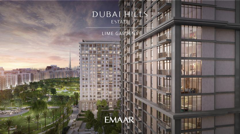 Un immeuble résidentiel de grande hauteur, faisant partie du Dubai Hills Estate Lime Gardens d'Emaar, surplombe un paysage luxuriant avec d'autres structures similaires au coucher du soleil, incarnant le premier immobilier de Dubaï.