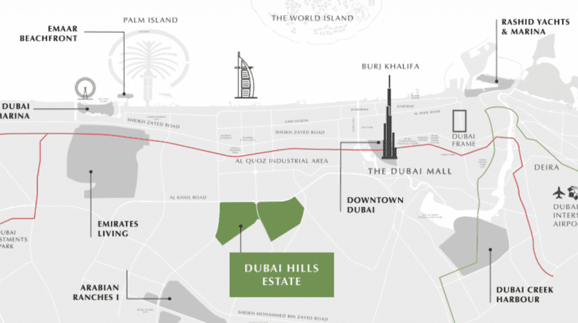 Une carte stylisée de Dubaï mettant en évidence les monuments et les zones d'investissement tels que Burj Khalifa, le centre commercial de Dubaï, la marina de Dubaï et Palm Island avec des itinéraires de correspondance.