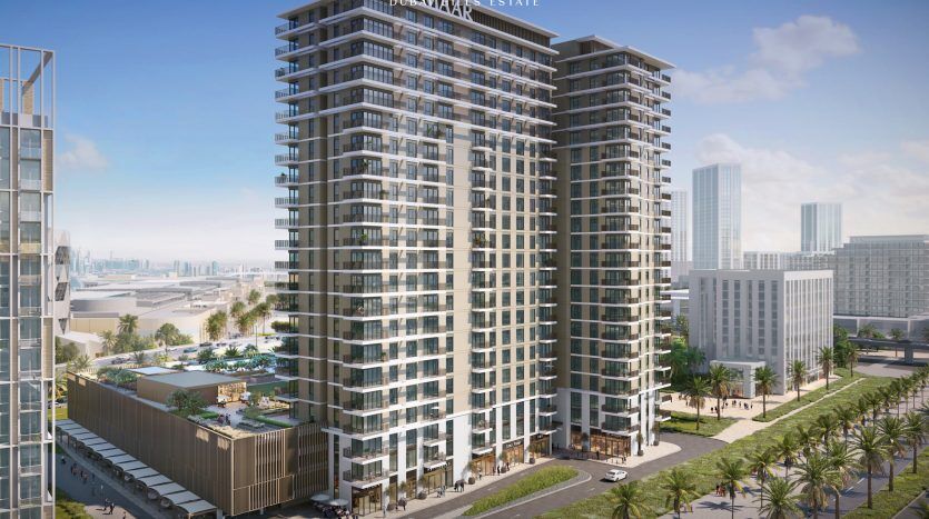 Rendu conceptuel du « parc des collines » d'Emaar Estate, mettant en valeur deux immeubles résidentiels de grande hauteur, des rues animées, une verdure luxuriante et un paysage urbain lointain sous un ciel dégagé. Idéal