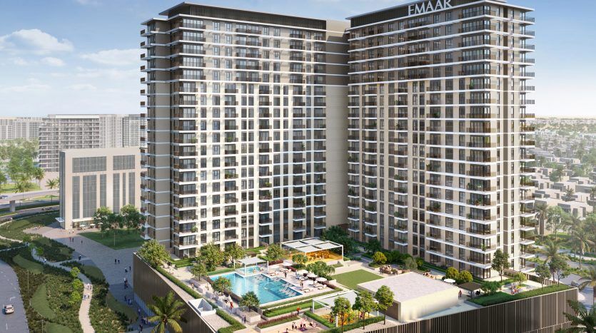 Rendu architectural des tours résidentielles du parc Hills par Emaar dans le domaine des collines de Dubaï, présentant des bâtiments hauts et modernes entourés d'une verdure luxuriante et de rues animées avec des piétons, présenté par une entreprise agricole de premier plan