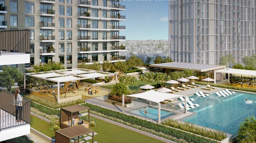 Un jardin moderne sur le toit et une piscine sur des immeubles de grande hauteur à Dubaï avec des gens qui se détendent, entourés d'un aménagement paysager luxuriant et d'un paysage urbain en arrière-plan.