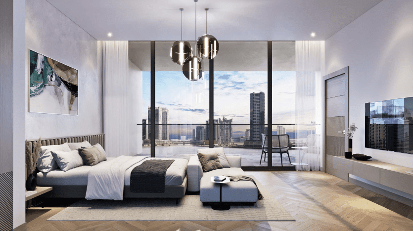 Chambre moderne dans un appartement de Dubaï avec de grandes fenêtres vitrées offrant une vue sur la ville, comprenant un lit double, d'élégantes suspensions et une décoration minimaliste avec un espace de travail sur le côté.
