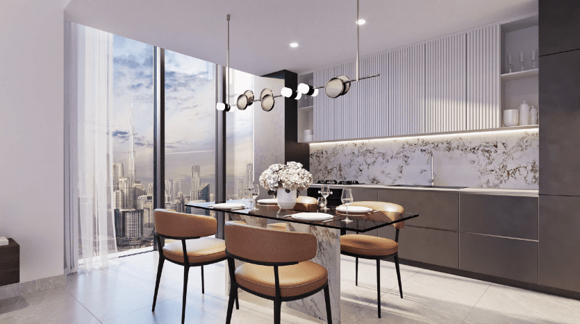 Cuisine et salle à manger modernes dans une villa de Dubaï, avec des meubles élégants, des comptoirs en marbre et de grandes fenêtres donnant sur un paysage urbain, mettant en valeur un style de vie urbain sophistiqué.