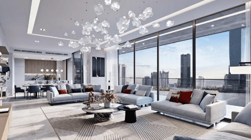 Luxueuse villa moderne à Dubaï avec de grandes fenêtres offrant une vue sur la ville, des canapés élégants, des luminaires design et un aménagement décloisonné se prolongeant dans un coin repas.