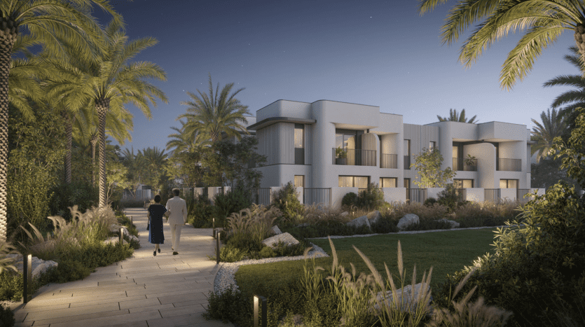 A serene evening scene with two people walking through a lush garden lined with tall palm trees, leading to a modern cube-shaped apartment in Dubai under a starry sky.