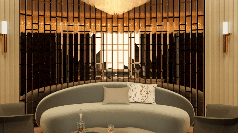 Coin salon luxueux dans une villa de Dubaï comprenant un canapé vert circulaire moelleux avec des coussins, une élégante décoration murale dorée et noire, des stores verticaux et des lampes murales élégantes, sous un décor chaleureux et lumineux
