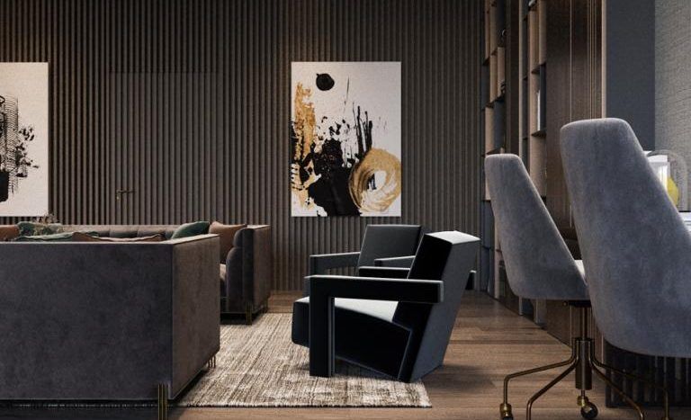 Un salon moderne et élégant dans un appartement de Dubaï avec des tons sombres et des boiseries, avec des fauteuils moelleux, des œuvres d'art murales abstraites et une décoration sophistiquée.