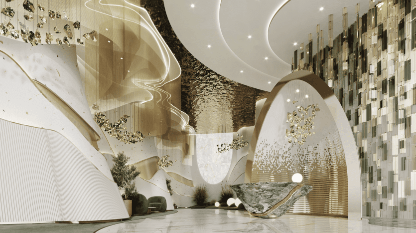 Intérieur d'un hall futuriste dans un immobilier de Dubaï avec un élégant décor blanc et or, des formes organiques fluides, de la verdure suspendue et un éclairage d'ambiance, créant une atmosphère luxueuse et sereine.