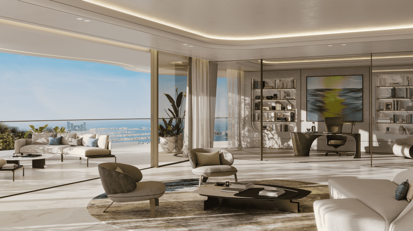 Salon moderne et luxueux dans un appartement à Dubaï avec des baies vitrées donnant sur l'océan, un mobilier élégant, une décoration élégante et une ambiance sereine.