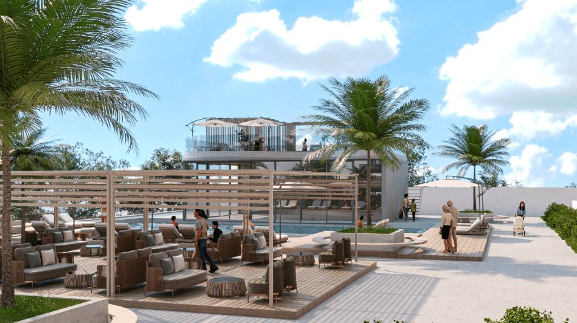 Un coin salon extérieur moderne doté de canapés élégants et de pergolas en bois, où les gens se détendent et socialisent dans un cadre tropical avec de grands palmiers. Il y a une villa surélevée à Dubaï avec des murs de verre au