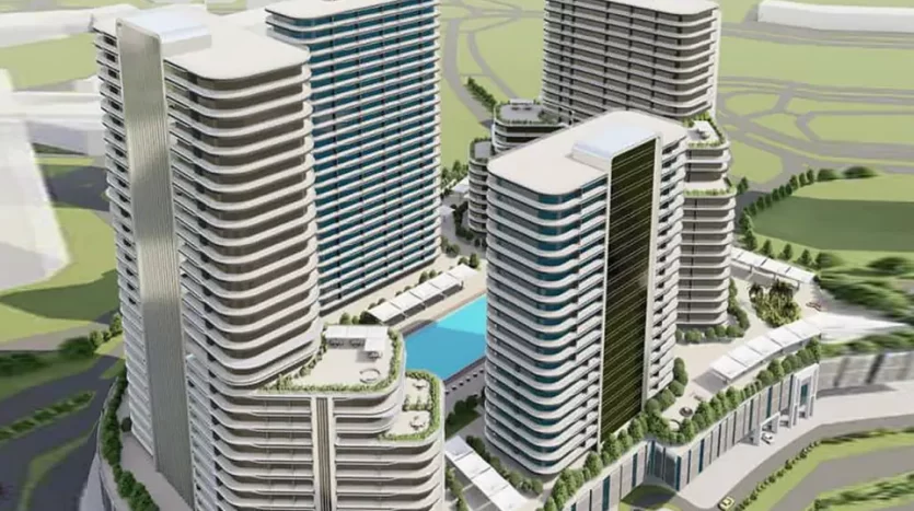 Rendu architectural d'un complexe résidentiel moderne à Dubaï comprenant des tours incurvées avec balcons, entourées d'espaces verts et d'une piscine centrale.