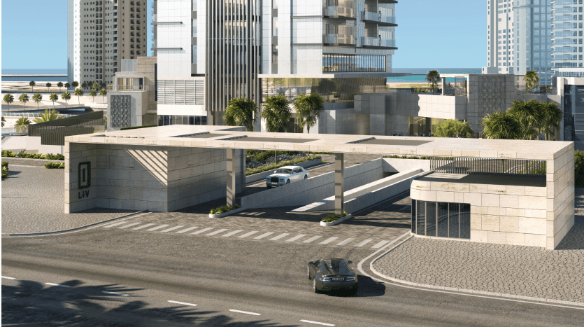Un paysage urbain moderne avec un viaduc avec des voitures circulant en contrebas, entouré de gratte-ciel contemporains et de palmiers sous un ciel bleu clair, mettant en valeur le premier immobilier de Dubaï.
