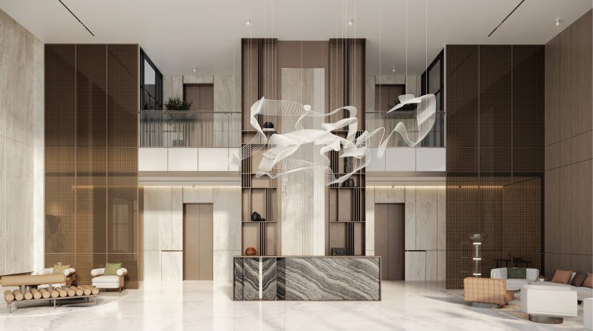 Lobby d'hôtel moderne avec de hauts plafonds, un élégant comptoir de réception en marbre, une élégante installation d'art sculptural blanc au-dessus et un mobilier élégant. Palette de couleurs neutres avec des accents de bois et de marbre inspirées de l'esthétique de l'immobilier Dubaï.