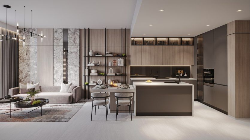 Cuisine et salon modernes avec armoires en bois élégantes, îlot central, murs en marbre et sièges confortables dans un appartement de Dubaï, éclairés par d'élégantes suspensions.