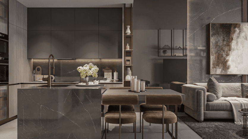 La cuisine et le salon modernes du One Park Square présentent un design élégant avec des armoires sombres, un îlot en marbre et une table à manger. L'espace de vie comprend un canapé confortable, des œuvres d'art abstraites et un éclairage subtil, créant une ambiance chaleureuse et élégante.