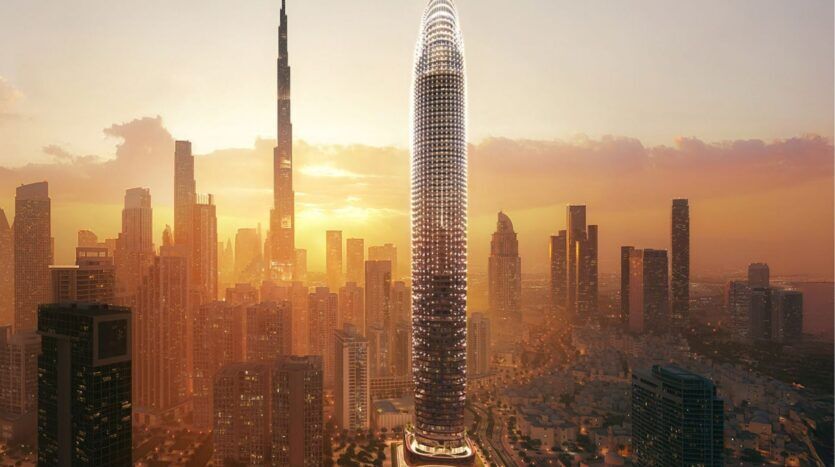 Un gratte-ciel futuriste de forme ovale, inspiré du Skyblade de Binghatti, s'élève parmi d'autres grands bâtiments dans un paysage urbain moderne au coucher du soleil, la lumière dorée jetant une lueur chaude sur la ligne d'horizon.