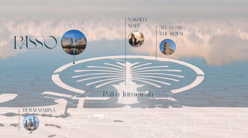 Une carte aérienne stylisée de Palm Jumeirah à Dubaï met en évidence Passo, Bella by Passo, Nakheel Mall, Atlantis The Royal et Dubai Marina, avec des images circulaires en médaillon représentant chaque site.