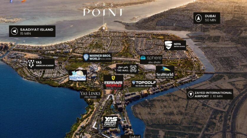 Carte aérienne de l'île de Yas, à Abu Dhabi, présentant les principales attractions telles que Ferrari World, Warner Bros. World, Yas Mall, SeaWorld, le circuit de Yas Marina, The Canopies by Aldar, ainsi que les temps de trajet vers Dubaï, l'île de Saadiyat et l'aéroport.