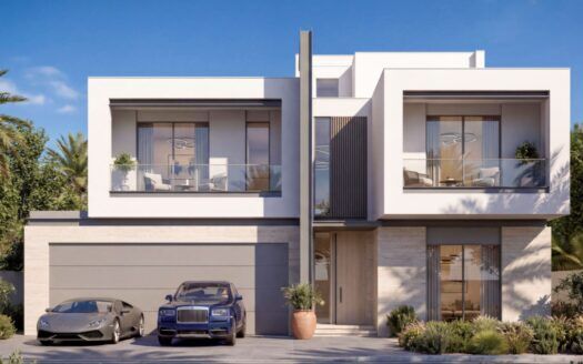 Maison moderne de deux étages de Sobha Sanctuary, avec de grandes fenêtres et des balcons, flanquée de palmiers et d'un aménagement paysager luxuriant. Deux voitures de luxe, l'une grise et l'autre bleue, sont garées dans l'allée par une journée ensoleillée.