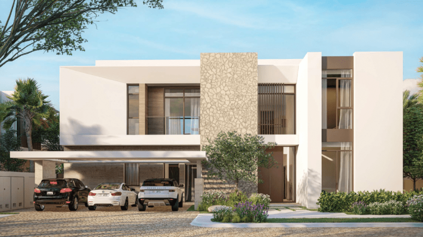 Une villa moderne de deux étages à Dubaï avec un toit plat, un revêtement en pierre, de grandes fenêtres et un abri pour trois voitures. Aménagement paysager avec de petits palmiers et de l'herbe bien tondue.