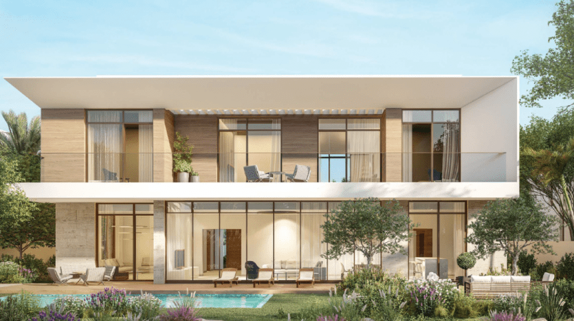 Villa moderne de deux étages à Dubaï avec de grandes fenêtres en verre, un toit plat, des accents en bois et une cour avant luxuriante avec une piscine et des plantes soigneusement paysagées.