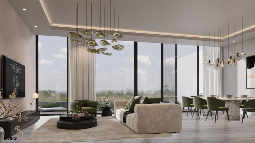 Un salon moderne dans un appartement de Dubaï avec de grandes fenêtres offrant une vue panoramique, des canapés beiges élégants, des suspensions chics et une transition harmonieuse vers une salle à manger.