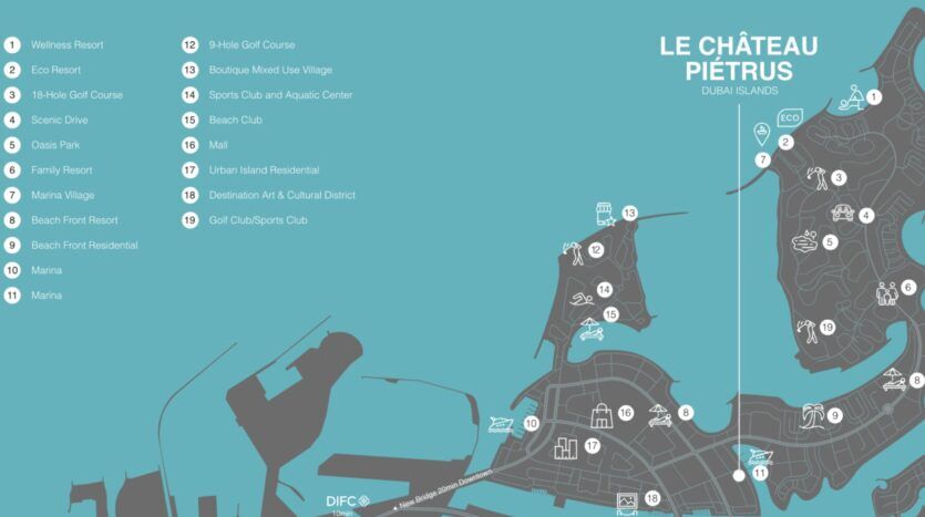Carte de Le Château Piétrus, aux Îles de Dubaï, présentant sur fond bleu des icônes identifiant les complexes hôteliers, les parcours de golf, les ports de plaisance, les villages, un club de sport, un centre aquatique, un club de plage et les zones résidentielles. Cette carte détaillée met en valeur les équipements de luxe et le style de vie exclusif qui caractérisent Le Château Piétrus.