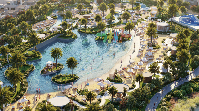 Vue aérienne d'un parc aquatique animé comprenant une grande piscine avec plusieurs toboggans aquatiques, entourée de palmiers et d'espaces de détente sous des parasols. Une verdure vibrante entoure la scène festive de