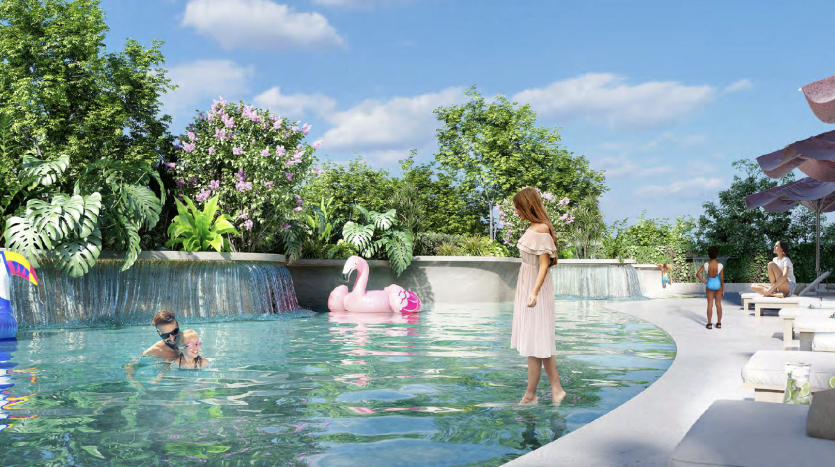 Une piscine sereine avec une femme en robe blanche et des personnes pratiquant des activités nautiques, idéale pour investir à Dubaï, entourée d'une verdure luxuriante et de fleurs éclatantes sous un ciel bleu clair.