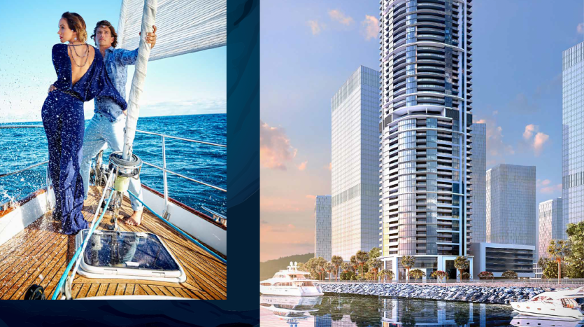 Un couple naviguant sur un yacht, une femme tenant une corde, un homme dirigeant, avec des embruns océaniques autour d'eux, contrastant avec un paysage urbain montrant des gratte-ciel modernes et des yachts de luxe amarrés dans un
