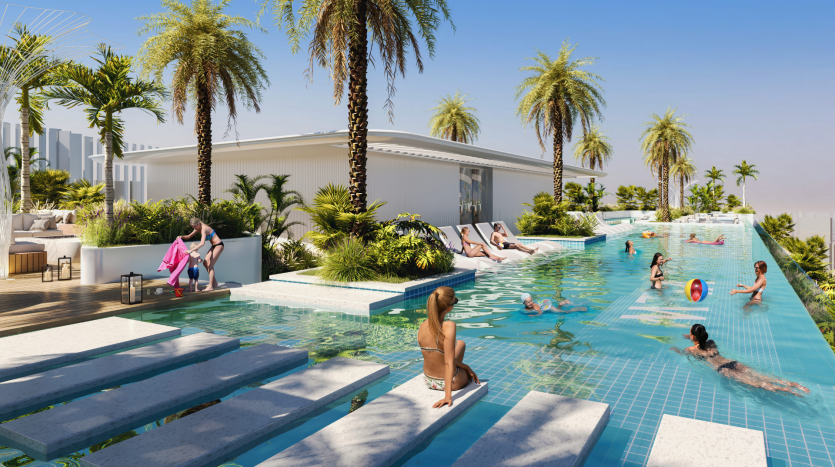 Piscine extérieure luxueuse dans une villa de Dubaï entourée de palmiers avec des gens bronzant, nageant et se relaxant par une journée ensoleillée.