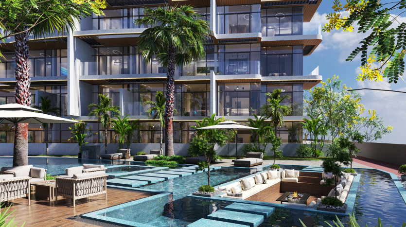 Une luxueuse villa moderne à Dubaï avec plusieurs balcons, entourée de palmiers luxuriants et d'un jardin animé. Dispose d'un espace piscine élaboré avec un mobilier d'extérieur élégant.