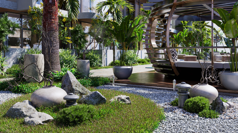 Un jardin luxuriant avec un arrangement de roches zen, un feuillage vert et un pavillon extérieur moderne et incurvé que l'on trouve généralement dans les villas de luxe de Dubaï. La scène met en valeur un aménagement paysager harmonieux avec une touche de conception architecturale.