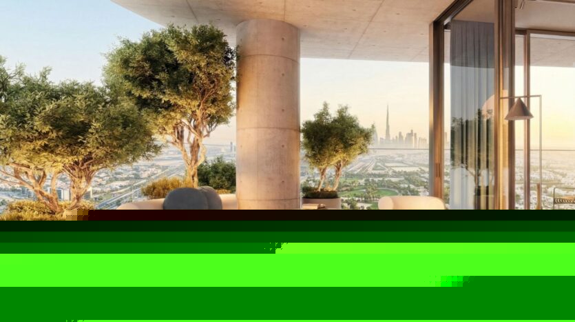 The modern balcony of the Wow Tower features cream-colored round furniture, small tables, and potted trees. It overlooks a cityscape with skyscrapers in the distance at sunset, through floor-to-ceiling glass doors.